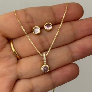set de cadena y topitos de circon rosa